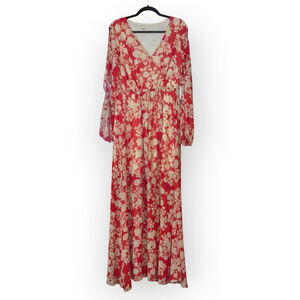 Moon and Sky Floral Maxi Dress Red White Boho Medium